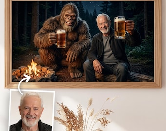 Custom Bigfoot Frame TV Art, Personalized Sasquatch Beer Selfie with Your Face, Funny Gift for Him, Father's Day Gift, Camping Campfire Art