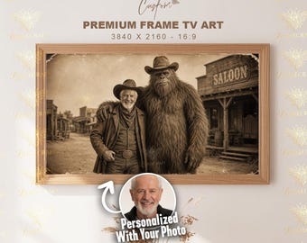 Custom Cowboy Bigfoot Frame TV Art, Personalized Sasquatch Vintage Photo, Funny Western Gift for Him, 4K Digital Download