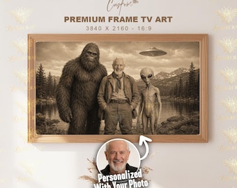 Custom Bigfoot & Alien Samsung Frame TV Art | Personalized 1890s Explorer Vintage Photo | Funny Sasquatch Digital Download