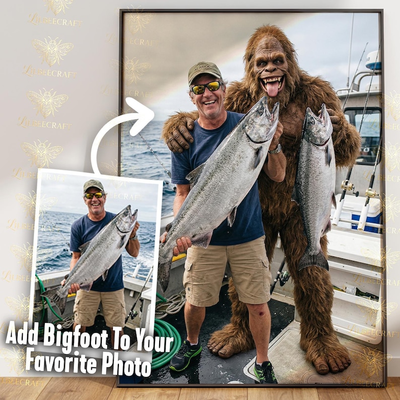 May include: A framed print featuring a man and Bigfoot holding large fish on a boat. The man wears a blue shirt, khaki shorts, and a cap. Bigfoot is covered in brown fur. The text "Add Bigfoot To Your Favorite Photo" is at the bottom.