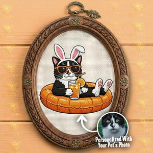 Benutzerdefinierte Sommer Haustier Kreuzstich Muster Digital, personalisierte Hund Katze Pool Float Stickdatei, Strand Urlaub Haustier Porträt PDF Download
