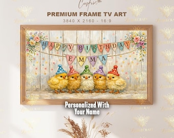 Custom Birthday Banner TV Art, Personalized Easter Samsung Frame TV Art, Spring Yellow Chicks TV Sign, Birthday Decor Screen Saver