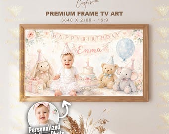 Custom Baby Birthday Samsung Frame TV Art, Personalized 1st Birthday Digital Download, Watercolor First Birthday Decor Custom Photo & Name