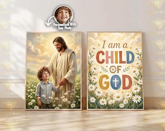 Personalized Jesus with Child Portrait, Custom Christian Kids Wall Art, I Am a Child of God Print, Faith Nursery Decor Digital Download