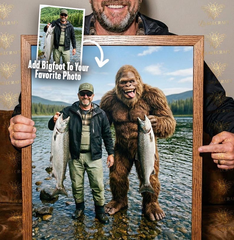 May include: A framed photo featuring a man holding a fish next to a Bigfoot figure. The image includes the text "Add Bigfoot To Your Favorite Photo". The frame is made of wood.