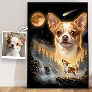 May include: A framed art print of a Chihuahua dog with brown and white fur. The artwork shows a night scene with a full moon, a waterfall, and a smaller Chihuahua on a cliff, with a shooting star in the sky.