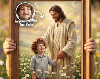 Personalized Jesus and Child Painting, Custom Jesus with Your Child Portrait, Christian Nursery Wall Art, Baptism & First Communion Gift