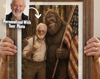 Custom Vintage Patriotic Bigfoot Portrait, Personalized Sasquatch Photo, American Flag Explorer Art, Funny Cryptid Gift, Digital Download