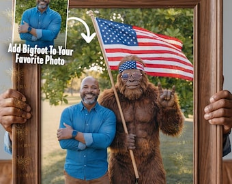 Custom 4th of July Bigfoot Photo Edit, Personalized Patriotic Sasquatch Portrait, American Flag Sasquatch Gift, Digital Download