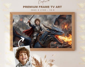 Custom Knight Dragon Samsung Frame TV Art, Personalized Child Dragon Rider Portrait, Fantasy Kids Room Decor, Digital Download