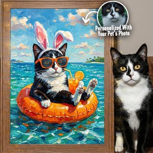 Benutzerdefinierte Sommer Haustier Strand Porträt, lustiger Hund in Floatie Digital Art, personalisierte Katze Ölgemälde, Urlaub Haustier Druck, Impasto Haustier Leinwand