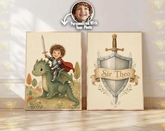 Personalized Little Knight Nursery Print Set, Custom Dragon Wall Art, Knight Name Shield Print, Fantasy Nursery Printable