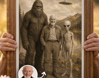 Custom Bigfoot Grey Alien Portrait | Personalized 1890s Explorer Vintage Photo | Funny Sasquatch Art | Cryptozoology Adventurer Gift Digital