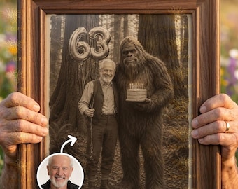 Custom Bigfoot Birthday Portrait, Personalized Vintage Sasquatch Photo, Funny 1890s Explorer Gift, Custom Face Digital Download Art