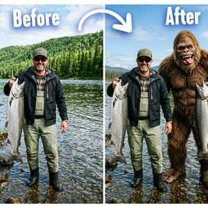 May include: A man holding a large fish next to a Bigfoot in a river. The man wears a black jacket, waders, and a cap. The Bigfoot is brown and furry. The background shows a river and trees.