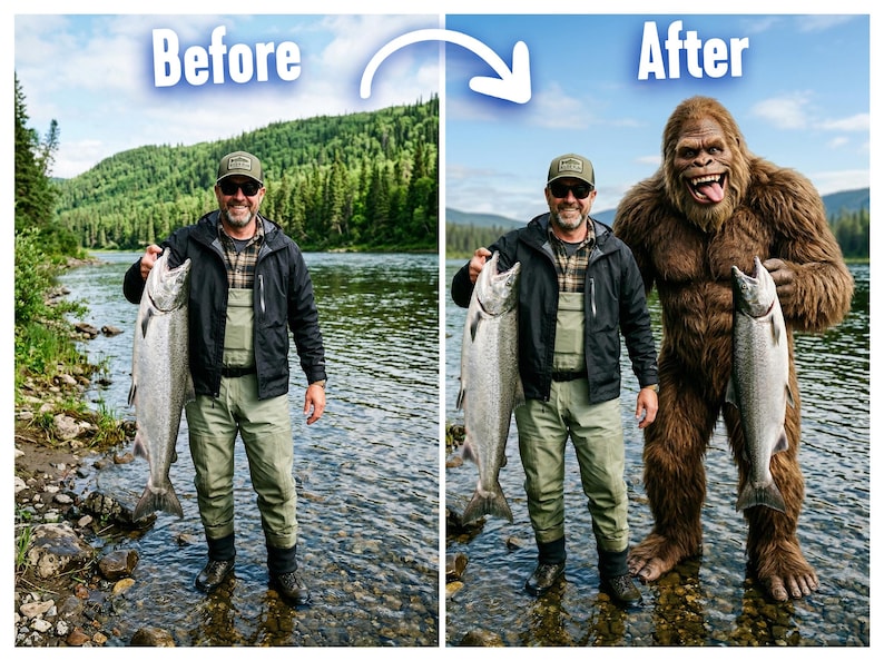 May include: A man holding a large fish next to a Bigfoot in a river. The man wears a black jacket, waders, and a cap. The Bigfoot is brown and furry. The background shows a river and trees.