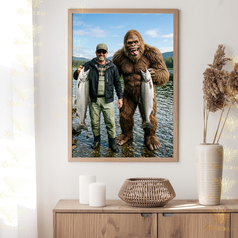 May include: Framed print featuring a man and a Bigfoot-like creature, both holding large fish. The man wears a black jacket, green pants, and a cap. The creature is covered in brown fur. The background shows a river and blue sky.