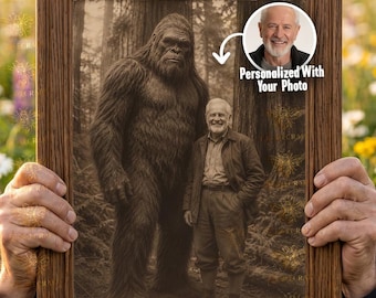 Custom Bigfoot Portrait, Personalized 1890s Explorer Vintage Photo, Funny Sasquatch Art, Cryptozoology Adventurer Gift, Digital Download