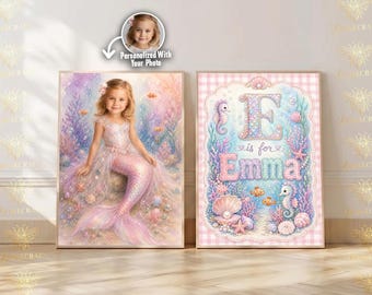 Custom Mermaid Portrait from Photo & Name Initial Wall Art Set Personalized Mermaid Name Print Set, Girl Nursery Wall Decor Digital Download
