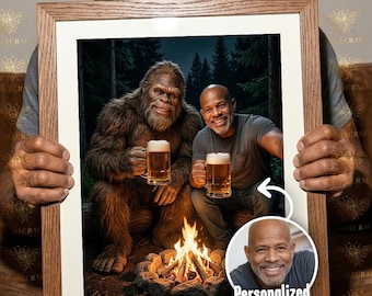 Custom Bigfoot Selfie Portrait, Personalized Sasquatch Campfire Art with Beer, Funny Camping Gift for Him, Custom Portrait from Photo