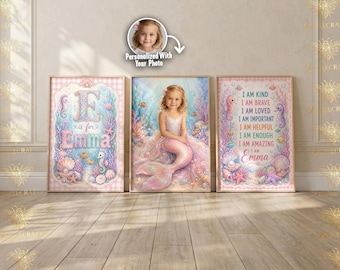 Personalized Mermaid Affirmation Prints Set of 3, Custom Photo Girl Mermaid Nursery Wall Art, Kids Ocean Decor Digital Download