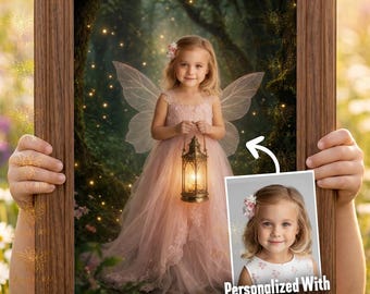 Custom Enchanted Forest Fairy Princess Portrait, Personalized Fairy Wall Art From Photo, Magical Girls Room Decor, Digital Download