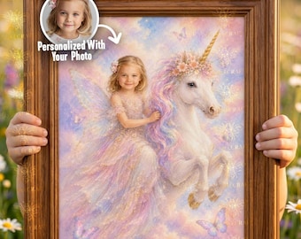 Custom Unicorn Princess Portrait from Photo, Personalized Fairy Girl Wall Art, Magical Nursery Decor, Digital Download Kids Birthday Gift