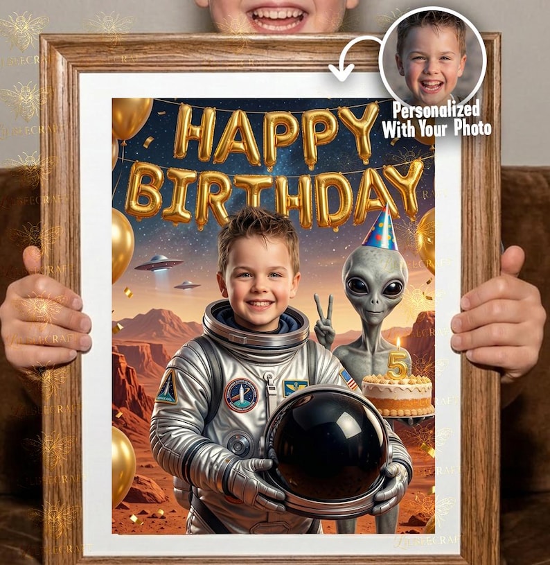 Custom Astronaut Birthday Portrait With Photo & Age, Personalized Space ...