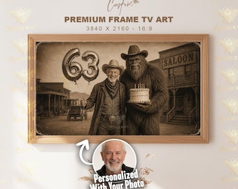Custom Bigfoot Cowboy Birthday Samsung Frame TV Art, Personalized Sasquatch Portrait, Custom Age Western Gift, 4K Digital Download