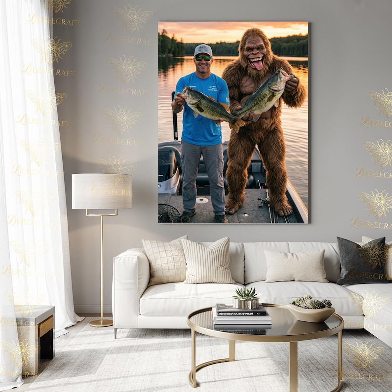 May include: A framed print featuring a man and a Bigfoot-like creature holding large fish on a boat. The man wears a blue shirt and sunglasses. The background shows a lake and sunset.