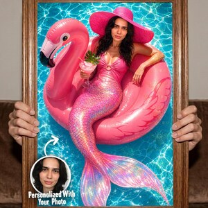 Anpassat sjöjungfruporträtt från foto, personlig tropisk sommarkonst, rosa flamingo poolmadrass digital nedladdning unik födelsedagspresent till henne