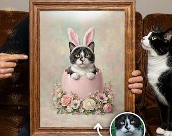 Custom Pet Easter Portrait, Spring Floral Art Painting, Personalized Dog Cat Bunny Ears Digital Print, Custom Animal in Egg Digital Art