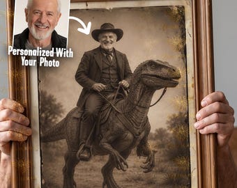 Custom Cowboy Riding Dinosaur Portrait, Personalized Dinosaur Western Wall Art, Funny Wild West Gift for Him, Sepia Digital Download