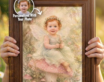 Custom Fairy Princess Portrait from Photo, Personalized Baby Girl Nursery Wall Decor Enchanted Mushroom Fairy Art, 1st Birthday Gift Digital