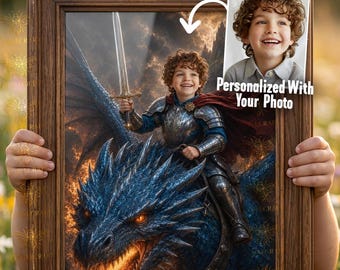 Custom Knight Dragon Portrait, Personalized Child Dragon Rider Wall Art, Fantasy Nursery Decor, Kids Gift, Digital Download