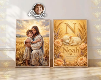 Custom Jesus with Child Portrait from Photo, Personalized Jesus Painting Name Print Set, Christian Nursery Decor, Baptism Gift Digital Art