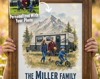 Custom Family Camper Decor, Personalized RV Sign From Photo, Watercolor Camping Wall Art, Nature Lover Gift, Family Camping Print
