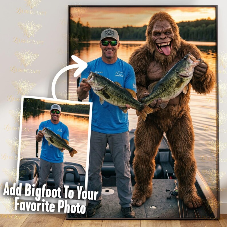 May include: A framed print featuring a man and Bigfoot holding large fish. The man wears a blue shirt and sunglasses, while Bigfoot is brown and furry. The text "Add Bigfoot To Your Favorite Photo" is at the bottom.