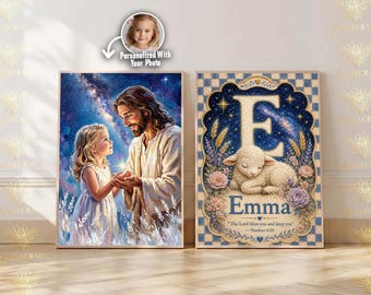 Custom Jesus and Child Painting, Personalized Name Initial Wall Art, Christian Nursery Print, Baptism Gift Girl Boy (Digital Download)