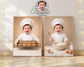 Custom Baby Chef Portrait Set, Personalized Child Baking Art From Photo, Funny Kids Kitchen Wall Art, Baby Chef Art Prints