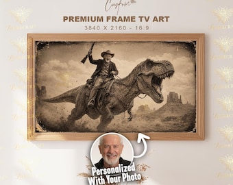 Custom Cowboy Riding T Rex Samsung Frame TV Art, Personalized Dinosaur Portrait, Funny Western Gift, 4K Digital Download