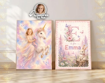 Custom Unicorn Fairy Princess Photo Portrait, Personalized Princess Name Print Set, Girls Nursery Wall Art, Name Initial Decor Digital File