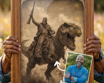 Custom Cowboy Riding T Rex Portrait, Personalized Dinosaur Western Wall Art, Funny Wild West Gift for Him, Sepia Digital Download