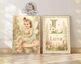 Personalized Fairy Princess Portrait from Photo, Custom Baby Girl Nursery Wall Art, Enchanted Mushroom Name Initial Print Set, 1st Birthday