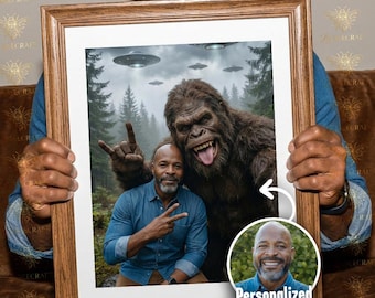 Custom Bigfoot Selfie Portrait | Funny Sasquatch Photo | UFO Alien Art | Personalized Hiker Gift | Funny Bigfoot Wall Art | Digital Download