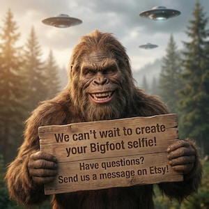 May include: A smiling Bigfoot holds a wooden sign with the text "We can't wait to create your Bigfoot selfie!" and "Have questions? Send us a message on Etsy!" Flying saucers are in the sky above a forest.