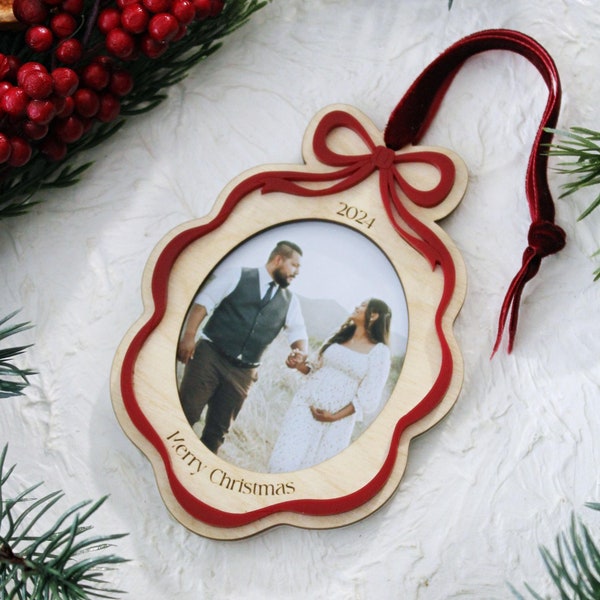 Heirloom Christmas Photo Ornament | Family | First Christmas | Baby | Newlyweds | Coquette | Bow | Holiday Gift | Oval Frame