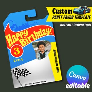 Modello di ruote per auto giocattolo di buon compleanno / Modello personalizzato stampabile / Tema auto giocattolo veloci / Digitale / Fai da te / Canva / Bomboniera per festa di compleanno