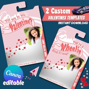 Modelo de Valentine Hot Car Wheels | Cartões personalizados Vday rosa para impressão | Tema Fast Toy Cars | Digital | Faça você mesmo | Canva | Sala de aula