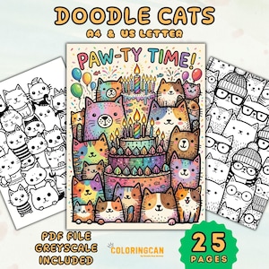 May include: A collection of cat-themed coloring pages. The central image features a colorful illustration of cats celebrating with a cake and the words "PAW-TY TIME!". Other pages show cat doodles. The text "DOODLE CATS" is at the top.